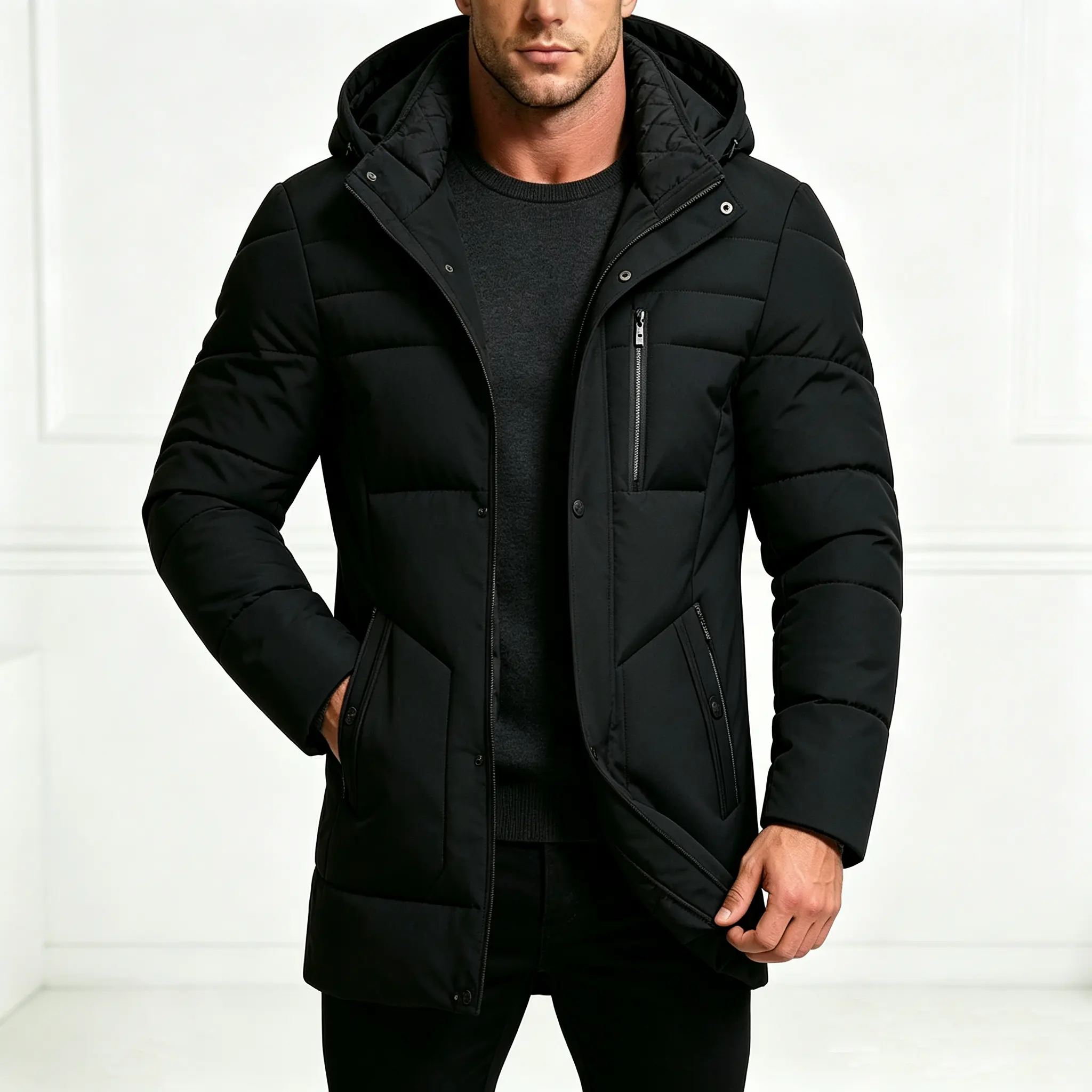 Men’s mid-length hooded thick cotton jacket for autumn/winter, plush lining, windproof and warm quilted cotton coat, multiple zippered pockets, versatile business casual cold-weather outerwear