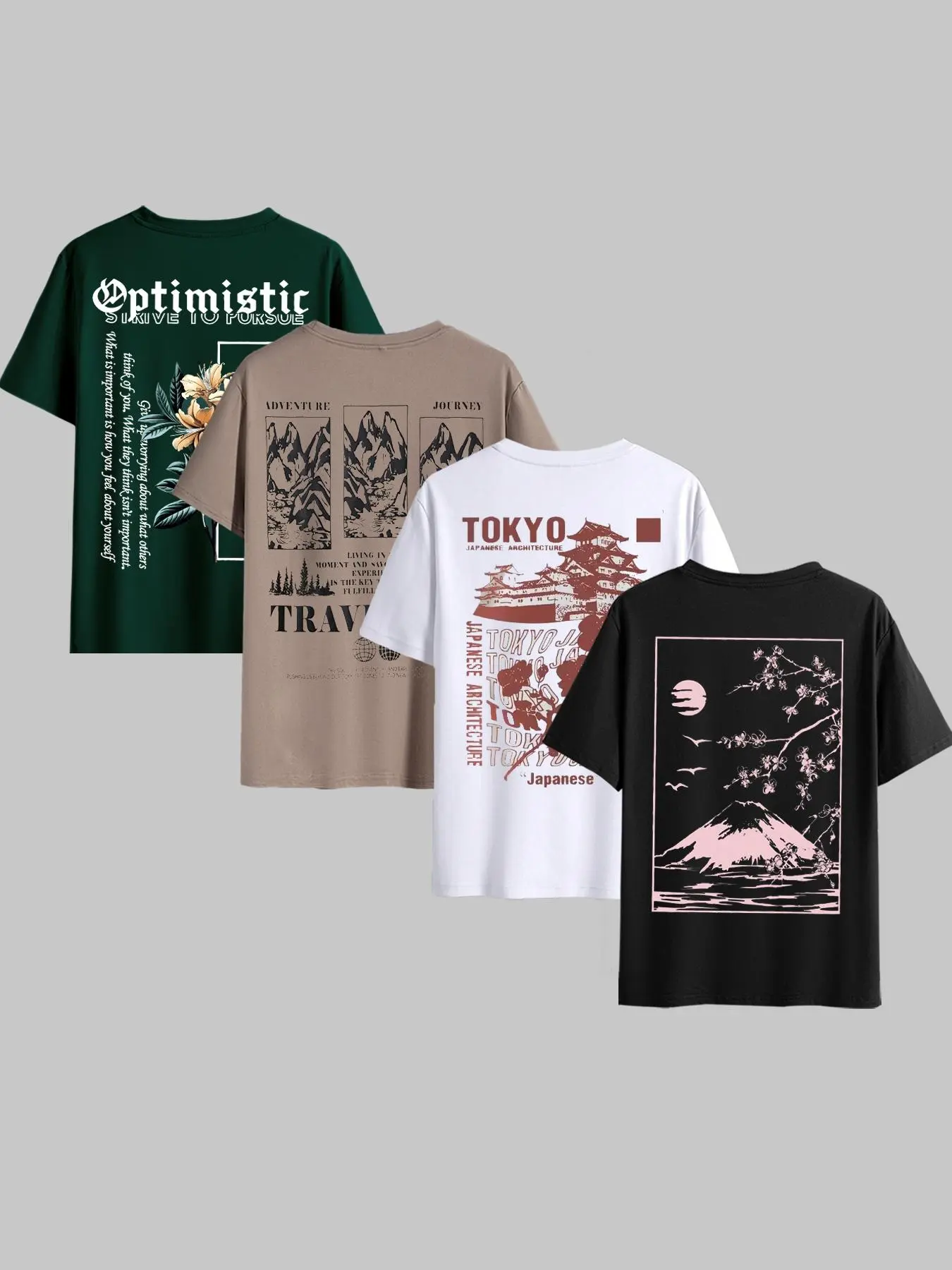 Men's Solid Color Casual Beach Style Short Sleeve Round Neck T-Shirt Set with Scenery Pattern Print, Summer Fitted Outdoor Tee for Daily Wear