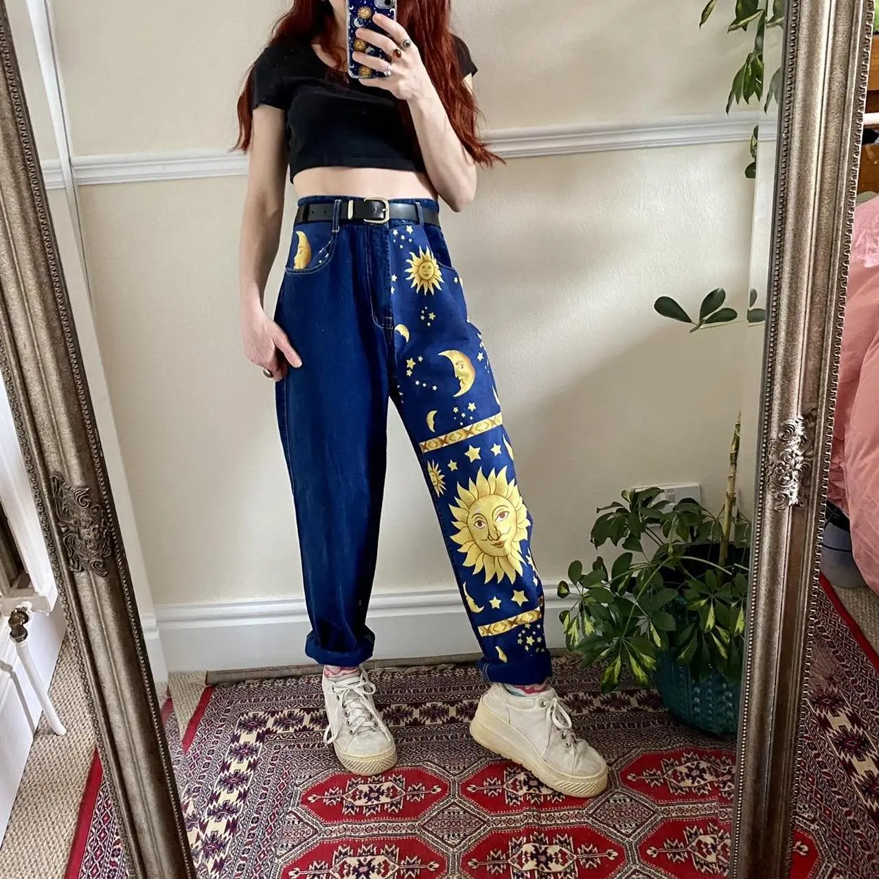 Women's Zodiac Denim Jeans - Sun, Moon, and Stars Design