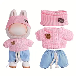 Pink Labubu Doll Clothes for Labubu with 3 Outfits - Stylish Fisherman Hat & Sweaters & Pants or skirt Set for 6.69inch Dolls, Adorable buLabu Accessories for Play & Display (Not Included shoes & Doll), Doll Clothing