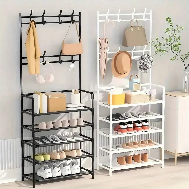 Coat&Shoe&Hat Standing Rack,Multi Functional Shoe And Jacket Metal Frame 68in*24in*10.23in, Detachable Hooks, Multiple Layers,Free Standing Storage For Homes And Apartments.  Organizer shoe rack organizer shoe storage organizer shoe rack