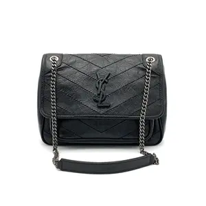 Pre-owned Yves Saint Laurent Chevron Leather Flap Bag YSL Niki Chain Matelasse Baby Black #2344