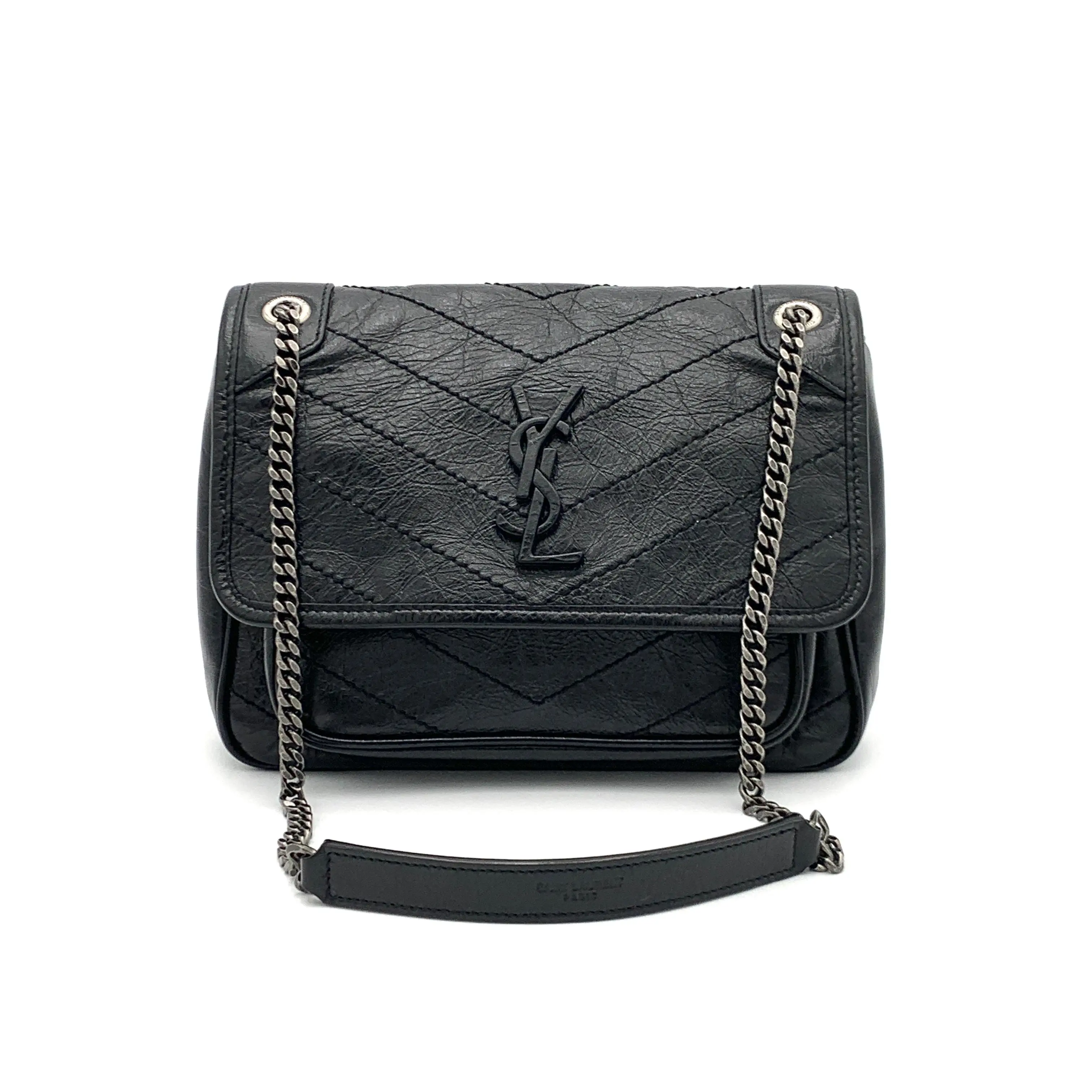 Pre-owned Yves Saint Laurent Chevron Leather Flap Bag YSL Niki Chain Matelasse Baby Black #2344