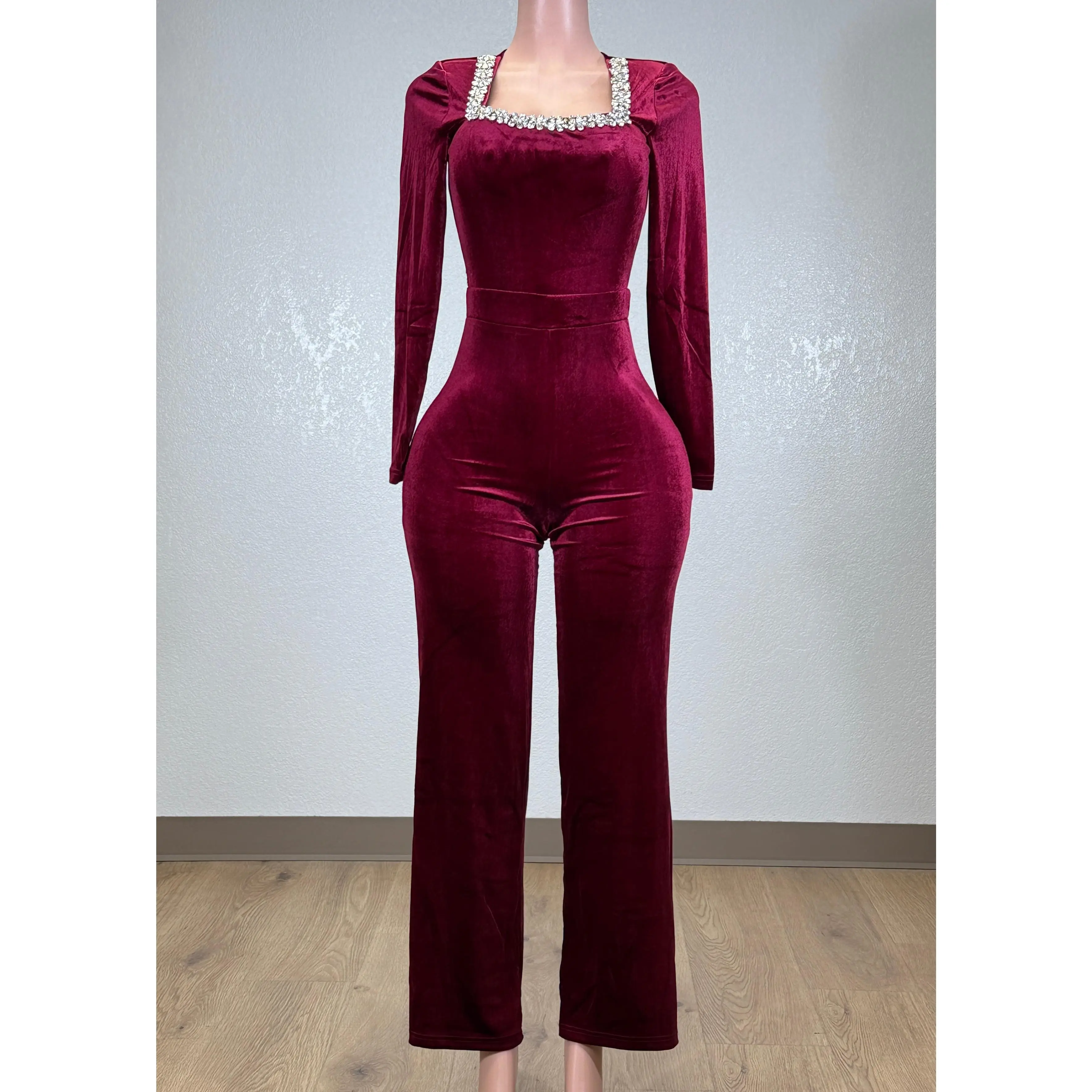 ARABELLA BURGUNDY RHINESTONE NECK VELVET LONG SLEEVE JUMPSUIT