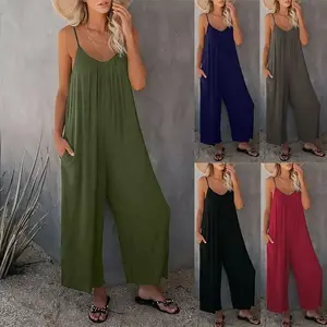 Women’s Summer Solid Color Suspender Jumpsuit with Pockets – Casual GARMENTARY