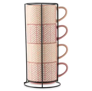 4 Pack Stacking Mugs, Pink and White Line Design, 11.1 fl oz, Stoneware