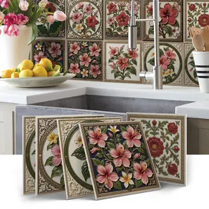 Retro Floral Tile Stickers, 12/24pcs Waterproof & Easy to Clean, Detachable for DIY Art Decor, Ideal for Kitchen Cabinets