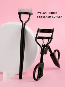 1set Black Stainless Steel Eyelash Curler & Eyelash Comb, Portable Eyelash Curler, Black Foldable Straight Handle Eyelash Brush, Stainless Steel Eyelash Brush, Eyelash Lift Tools