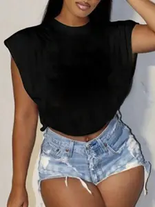 Women's Plain Curved Hem Tee, Casual Sleeveless Round Neck T-shirt for Daily Wear, Ladies Clothes for All Seasons, Top, Streetwear