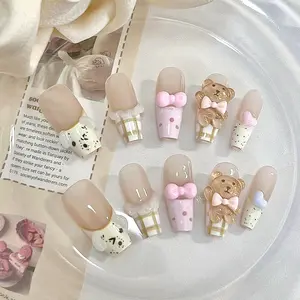 10 Piece Handmade Nail Art Set, Soft Cute Bear Design, Transparent Base, Butterfly Knot, Dog Spot Grid Pattern, Student Daily Use