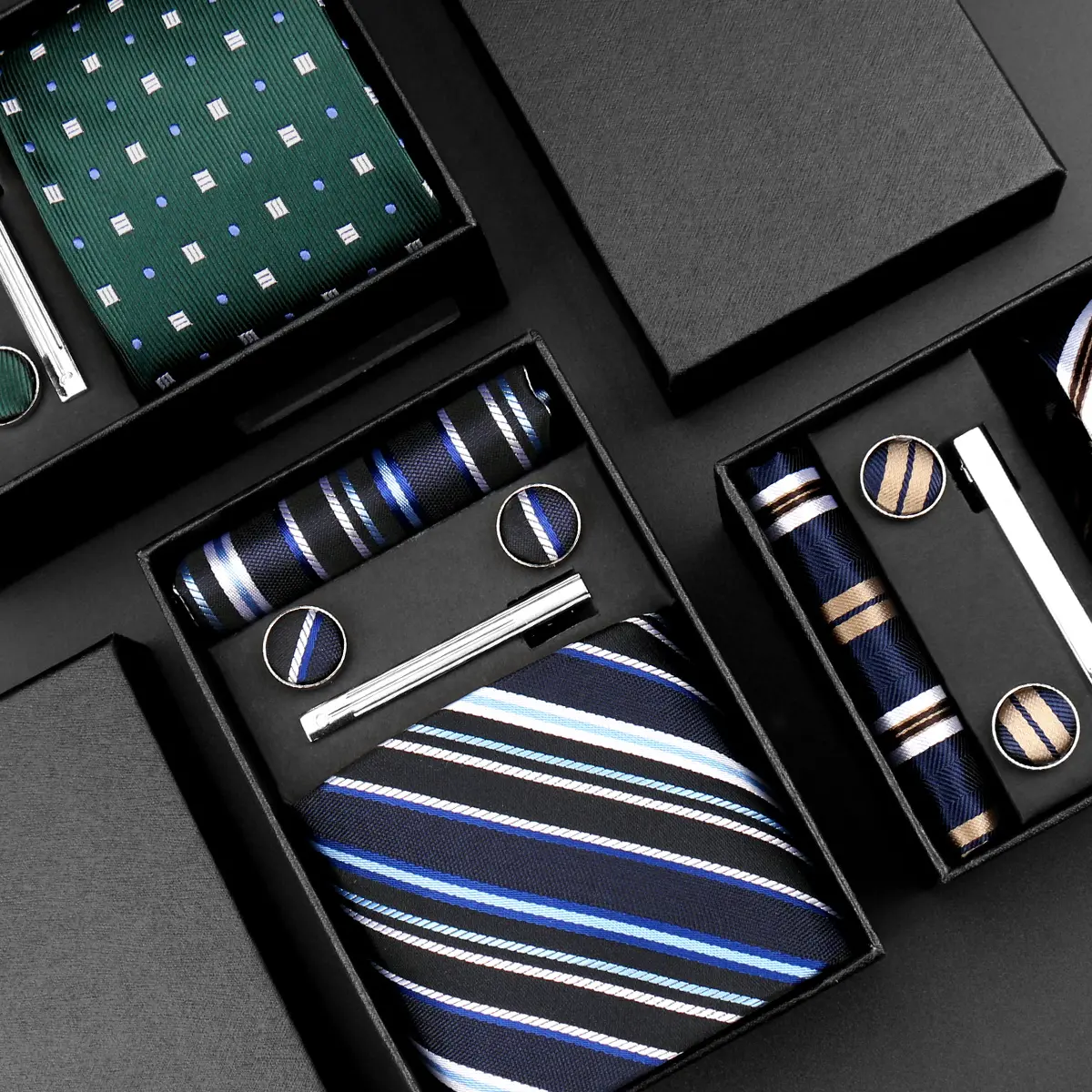 Male Luxury 8cm Necktie Set - Includes Handkerchief, Cufflinks, Tie Clip, Branded Gift Box - Ideal for Wedding, Business Suit Accessories