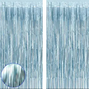 Party Decorations Matte Blue Fringe Foil Curtain - Set of 2 | Bachelorette Bridal Shower Backdrop, Wedding, Birthday Photo Booth