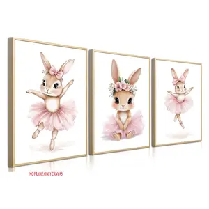 3-Piece Set, Wall Decor for Baby Girls' Nurseries, Easter-Themed Canvas Art Set for Nurseries, Cute Pink Rabbit Poster, Suitable for Boys' and Girls' Rooms, Bedrooms, and Home Decor, Frameless