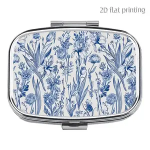 Blue Floral Pill Box with Mirror, Vintage Botanical Print, Portable Pill Case, Double Compartment Travel Organizer, Jewelry Storage Box for Women