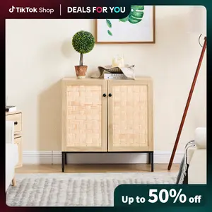 [Dealsforyoudays]EBELLO Storage Cabinet with Hand-Woven Doors, 2-Door Accent Sideboard Cabinet for Living Room, Bedroom, or Entryway, Oak