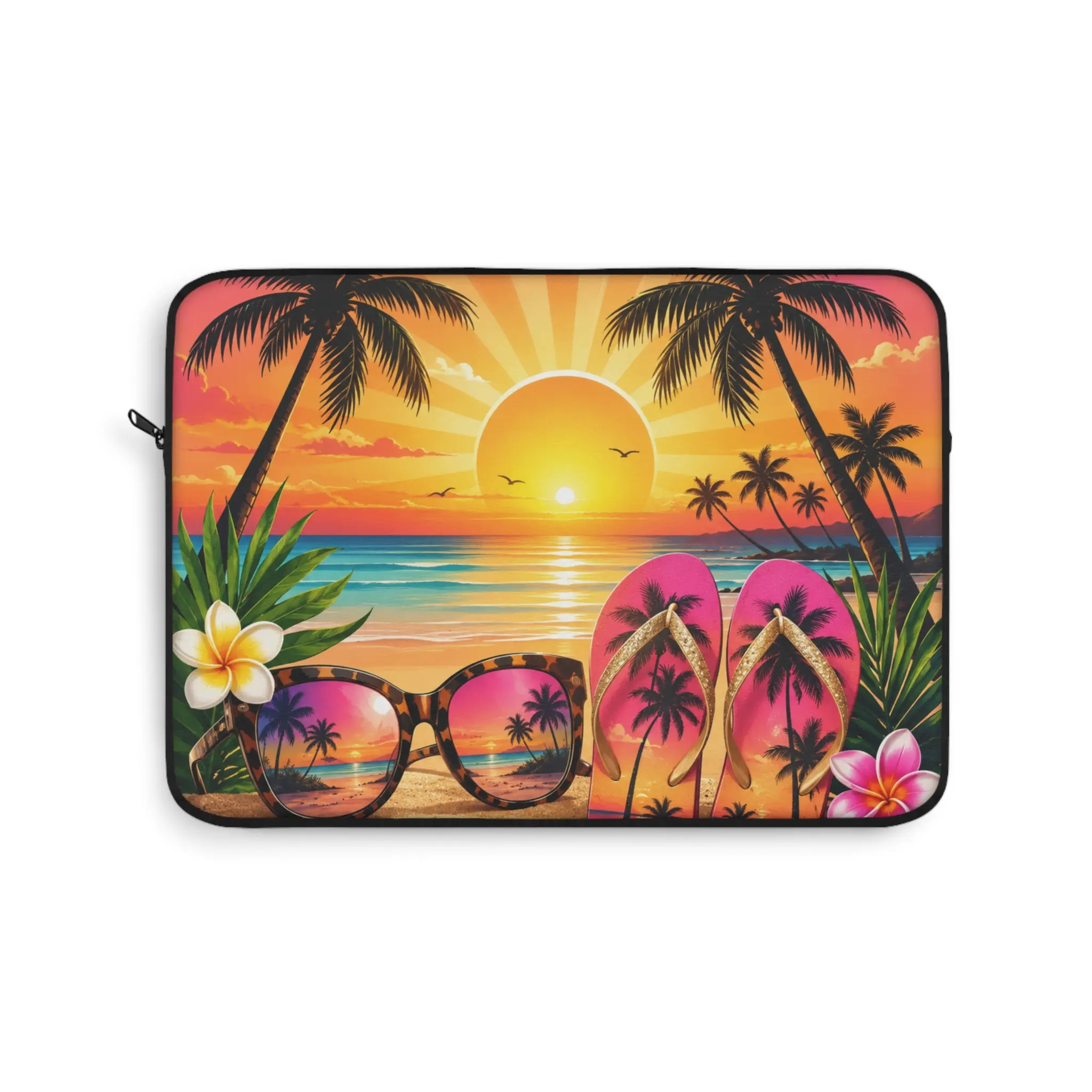Tropical Sunset Flip Flops Laptop Sleeve | Beach Palm Sunglasses