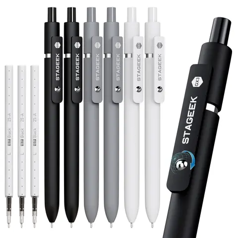 [Back to School Shopping] 12Pcs Black Ink Minimalist Retractable Fine Nib Gel Pen Set (0.7mm), 3 Extra Refills, Quick Dry, Smooth Writing, Comfortable Touch Silicone Grip, Steel Ball Clip Stays Handy Gift Pen for Office & School Supplies