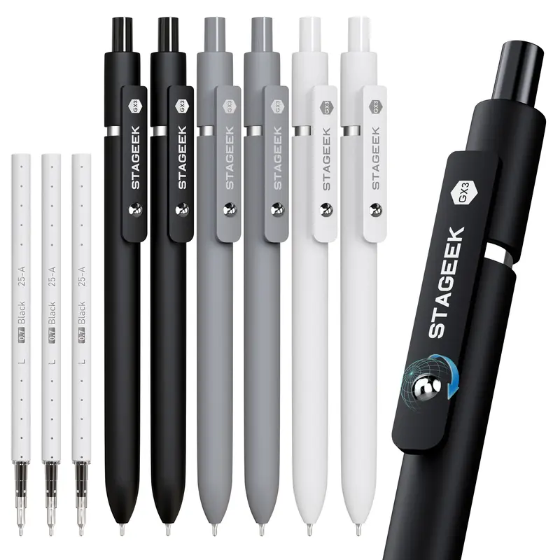 [Back to School Shopping] 12Pcs Black Ink Minimalist Retractable Fine Nib Gel Pen Set (0.7mm), 3 Extra Refills, Quick Dry, Smooth Writing, Comfortable Touch Silicone Grip, Steel Ball Clip Stays Handy Gift Pen for Office & School Supplies