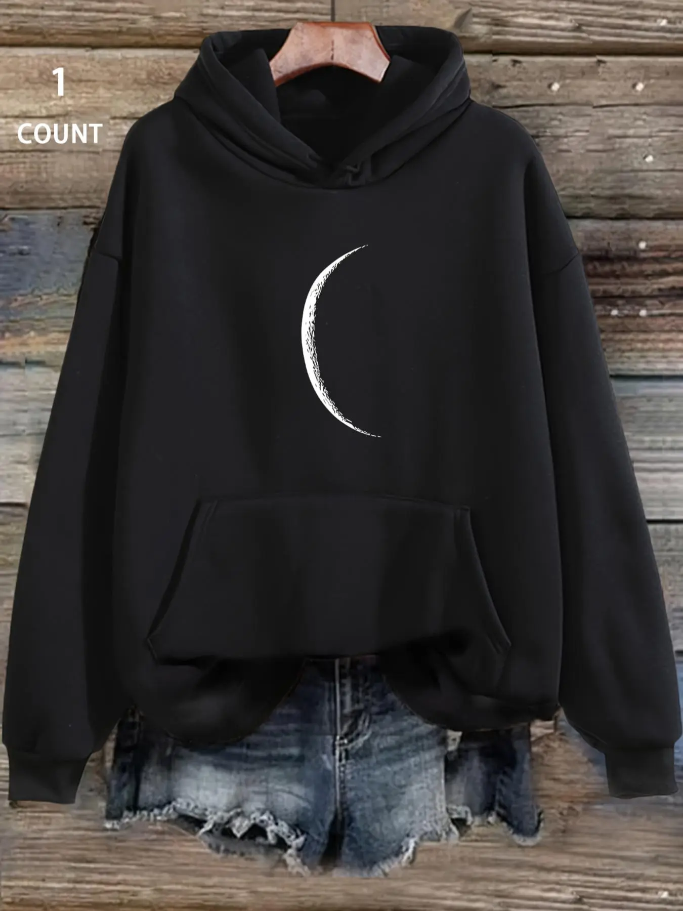 Women's Moon Graphic Print Drop Shoulder Adjustable Drawstring Gift Hoodie, Casual Long Sleeve Kangaroo Pocket Hooded Sweatshirt for Fall & Winter, Women's Clothes for Daily Wear, Womenswear Tops, Fabric