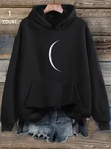 Women's Moon Print Drop Shoulder Drawstring Hoodie, Casual Long Sleeve Kangaroo Pocket Hooded Sweatshirt for Fall & Winter, Women's Clothes for Daily Wear