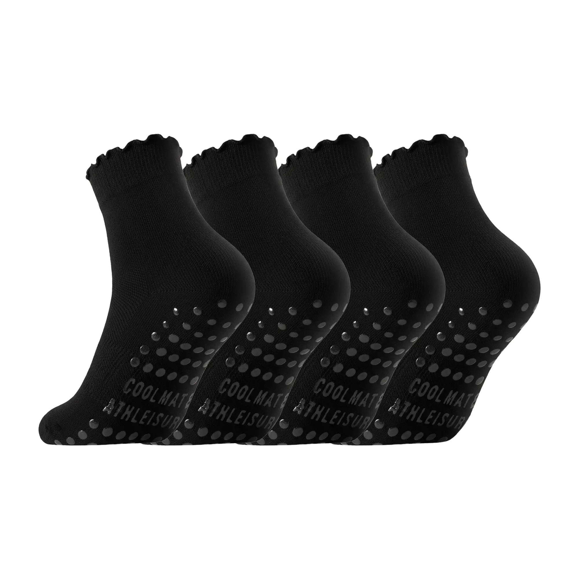 CoolMate Pilates Socks with Grips for Women, Yoga Socks, Crew Non Slip Women for Barre, Pilates Gifts (US, Numeric, 6, 10, Regular, Regular, A-06b. 2 Pairs Ruffle Black)