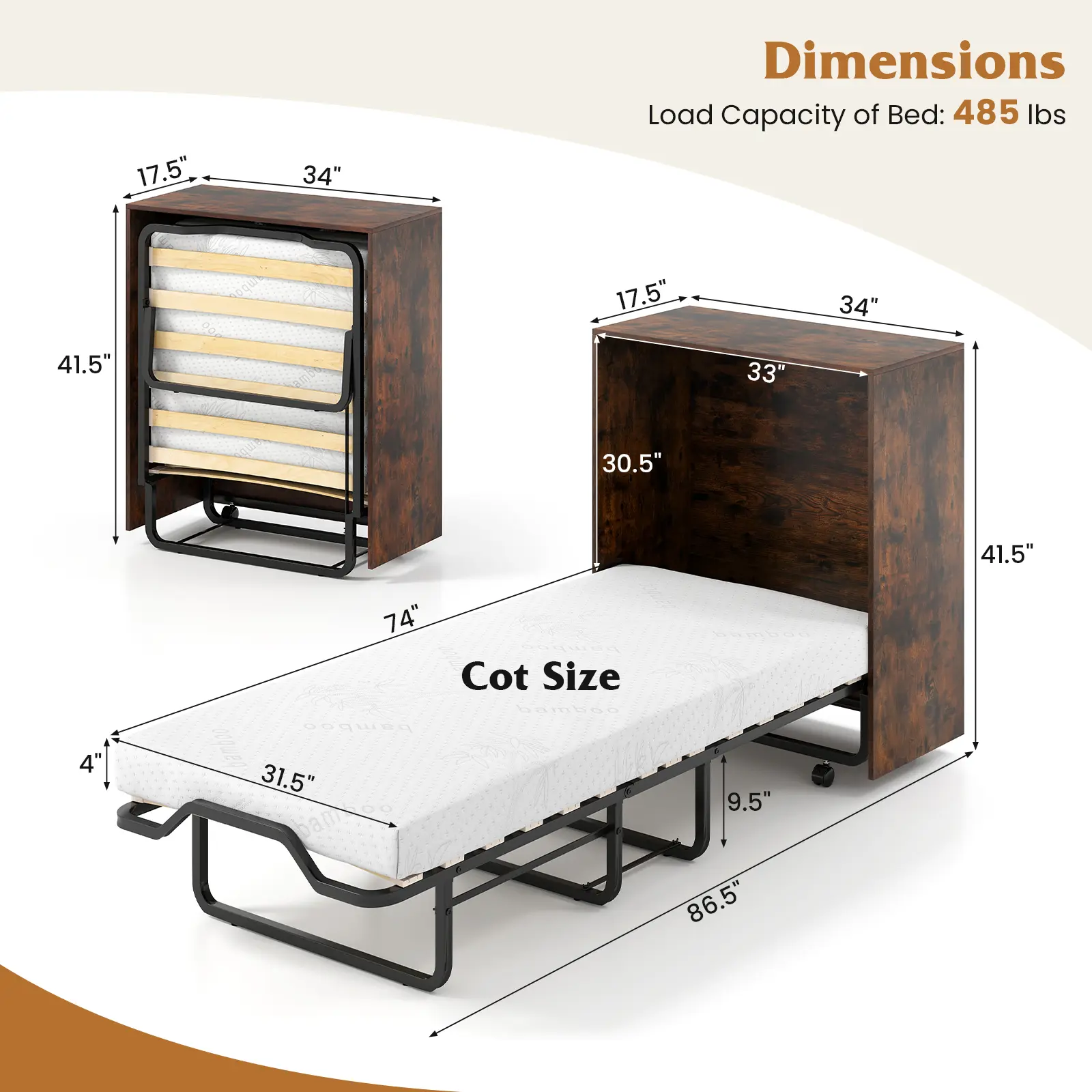 COSTWAY - Cot Size Murphy Bed with Foldable Bed and Lockable Wheels-Rustic Brown