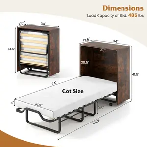 COSTWAY - Cot Size Murphy Bed with Foldable Bed and Lockable Wheels-Rustic Brown COSTWAY - Cot Size Murphy Bed with Foldable Bed and Lockable Wheels-Rustic Brown