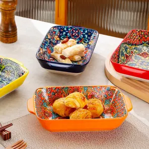 4Pcs Double Handle Rectangular Serving Plates Set, Microwave Oven Safe Dinner Plates for Sushi, Dessert, Salad, Pasta, Baking, Suitable for Home Kitchen Dorm Restaurant