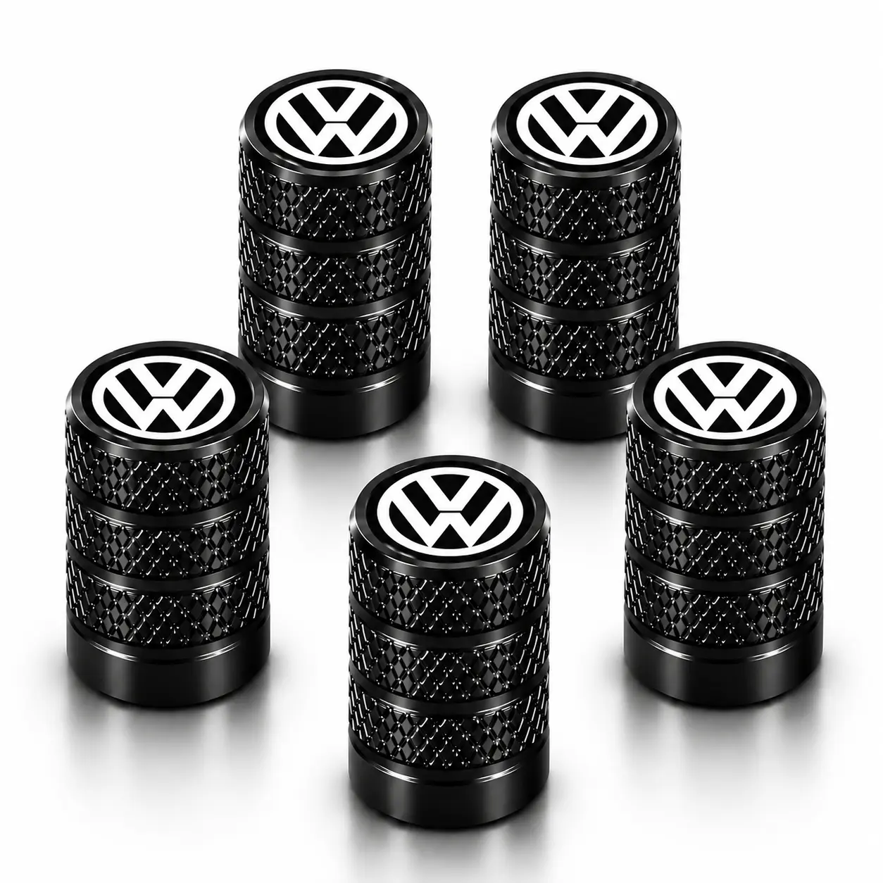 5-Pack German-Style Knurled Aluminum Tire Valve Stem Caps, Anti-Rust Leakproof Air Dust Covers, Car Accessories for Volkswagen VW Tiguan, Atlas, Jetta, Golf, ID.4, Taos, Passat SUV Sedan Exterior Auto Replacement Parts