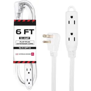 6 ft Flat Plug White Extension Cord with 3 Outlets - 16/3 SJTW 3 Prong Indoor Extension Cord with Multiple Outlets