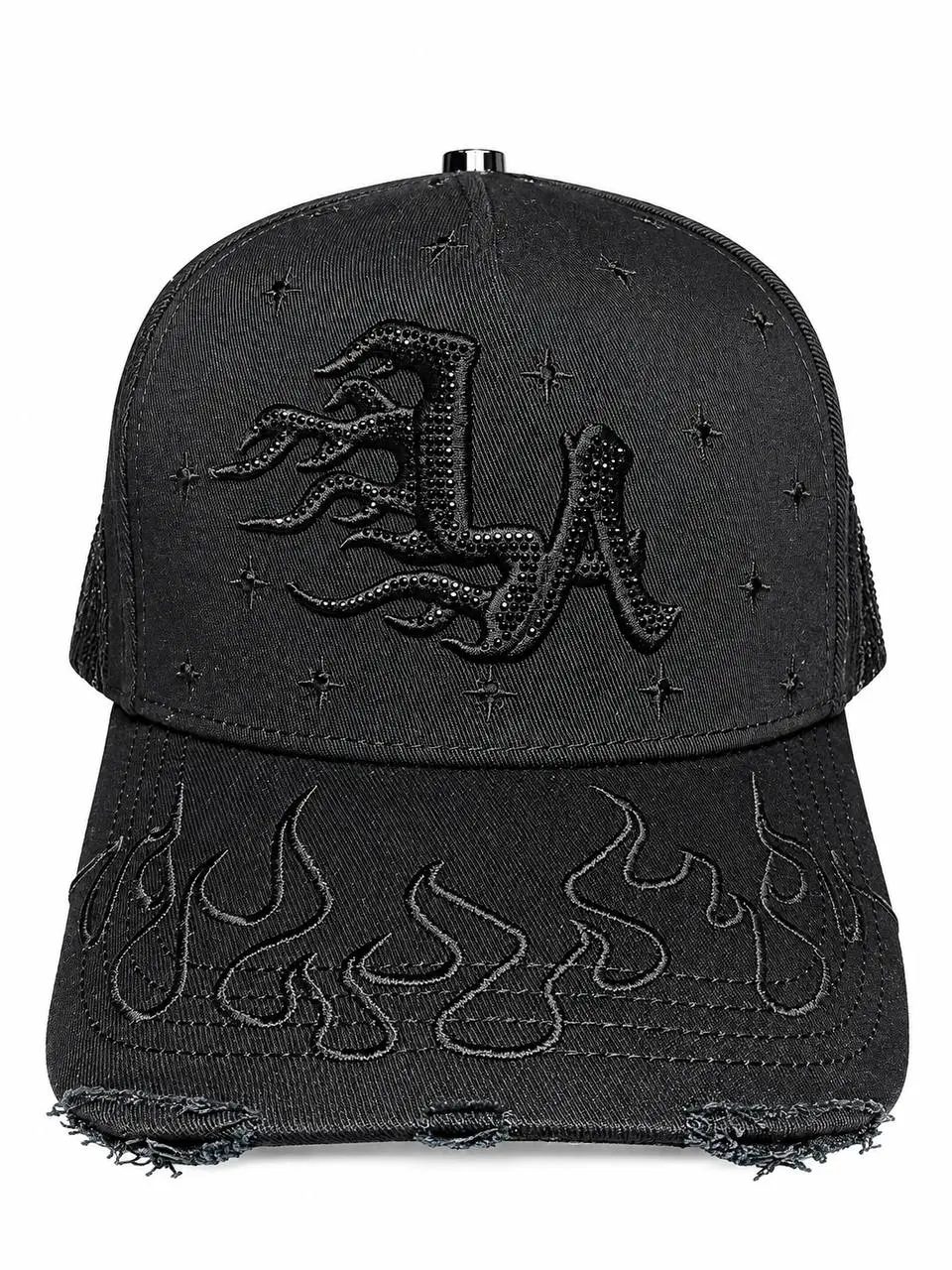 Black Flame Design Baseball Cap with Embroidered Logo and Star Details for Men's Fashion