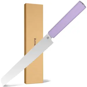 Butterfork Purest 8” Bread Knife with Oak Sheath, AR-RPM9 Stainless Steel, Replaceable ABS Handle, Mist Violet