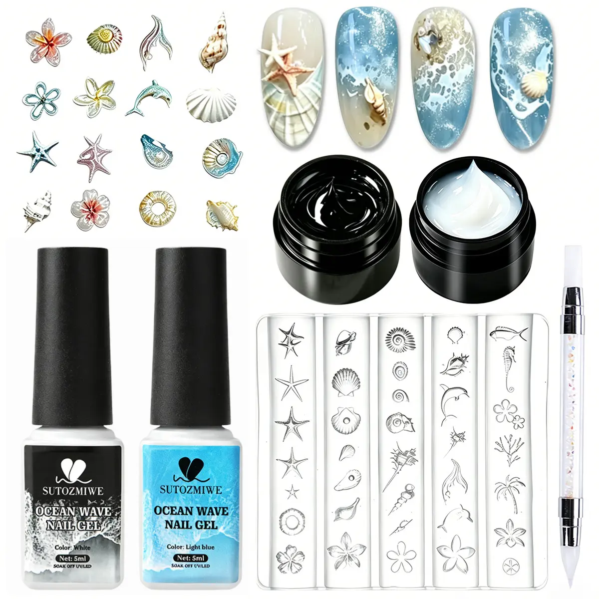 6Pcs Ocean Nail Art Kit: Builder Gel (White/Clear) & Sea Wave Gel (White/Light Blue), Ocean Shell Starfish Stamping Plate, Sculpting Pen, UV LED Soak-Off for 3D Nail Sculpting & Extension