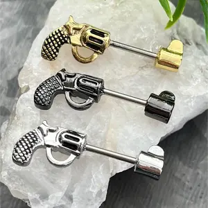PAIR of Striking Revolver Pistol Gun Shaped Nipple Barbells/Rings