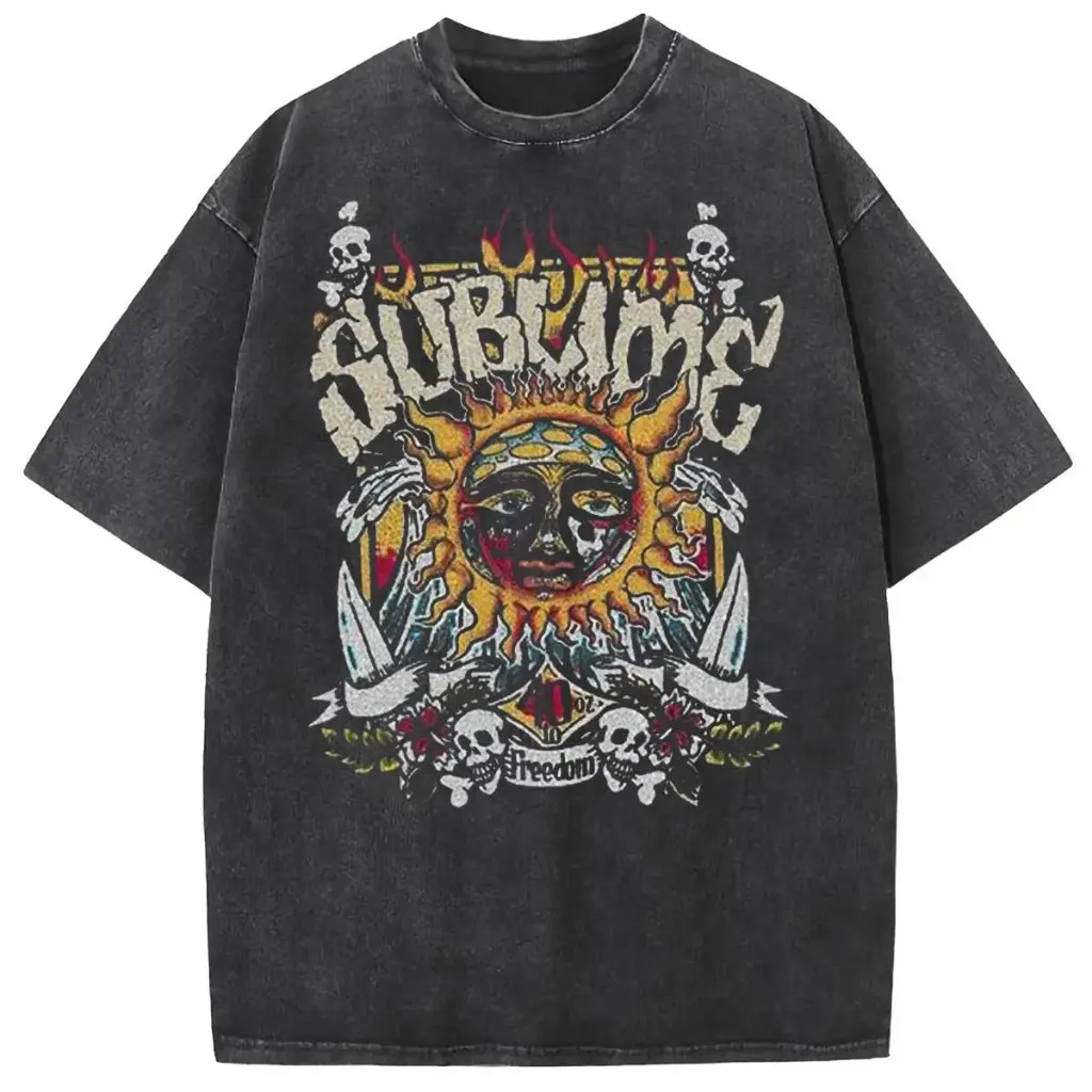 Holafish Acid Wash Vintage Sun Pattern Heavy-Weight Cotton Crewneck T-Shirt - Aesthetic Menswear Top, Seamless Apparel Garment, Streetwear Statement Graphic Tee, Shortsleeve, Fashion, Fabric, Ribbed, Printed, Stylish