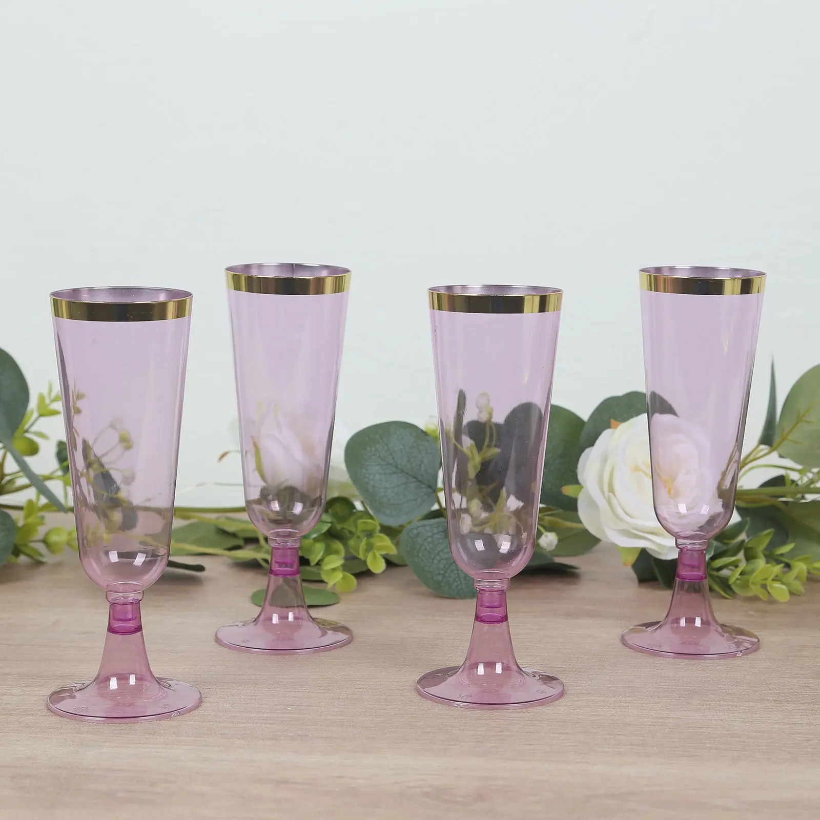 12-Pack Disposable Plastic Champagne Flutes - 5oz Transparent Purple with Gold Rim, 6" Glassware Drinkware with Detachable Base for Weddings, Wedding, Plastic Wine Cups, Champagne Flute Stemware, Flute Shape