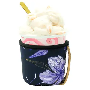 Go Cuff Ice Cream Pint Cuff Reusable Antislip Neoprene Insulator Pint Sized Ice Cream Pint Cozy Sleeve with Handle Compatible For Haagen-Dazs, Ben & Jerry's, Halo Top and more (Royal Floral)