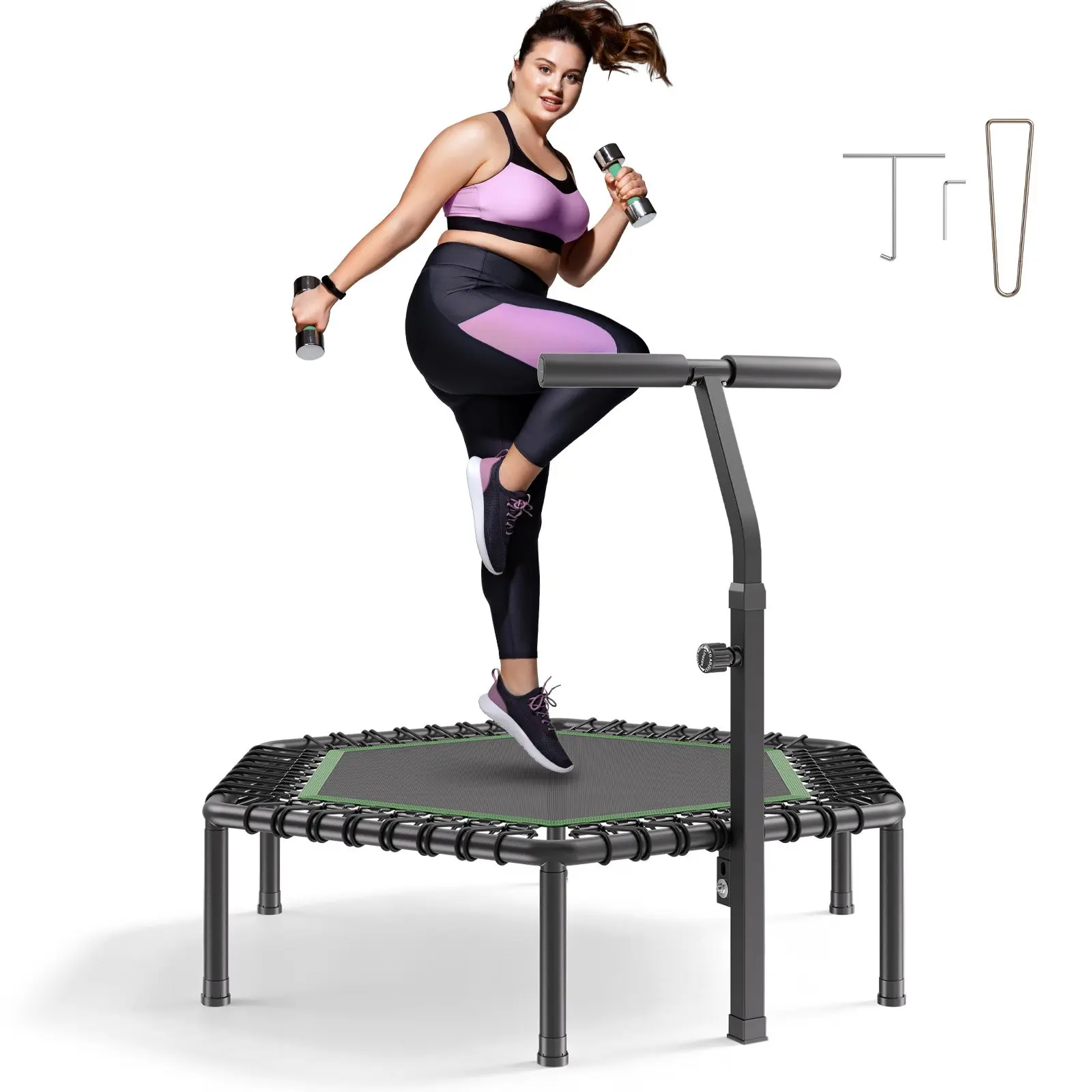 【Summerfinds】VEVOR 54.5 in Reinforced Thickened Rebounder Trampoline, 450 lbs Max Load Fitness Model, Stable Quiet Design, 3-Level Height-Adjustable Foam Handle, for Adult Workout, Outdoor Indoor Trampoline, Reinforced Thickened Trampoline