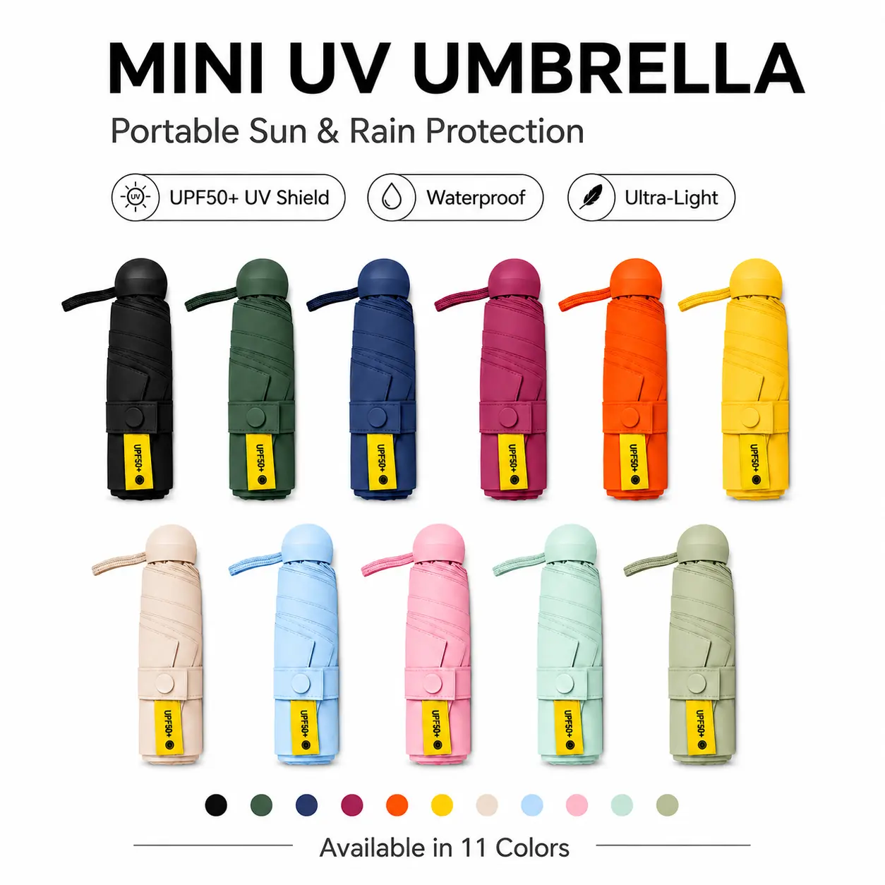 Mini Folding Pocket UV Umbrella - UPF50+, Lightweight Waterproof Rainproof, Compact Fold, Blackout Inner Coating, Portable Shade Umbrella for Daily Commute, Women