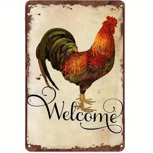 Vintage Welcome Rooster Aluminum Wall Sign 12x8 Inch Antique Farmhouse Chicken Decor With Black Golden Lettering Heavy-Duty Rustic Home Wall Art for Kitchen Garden Bar Backsplash