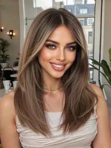16 Inch Ombre Long Layered Bob Wigs for Women, Gorgeous Fluffy Synthetic Hair Wigs with Blunt Bangs, Synthetic Full Machine Wigs for Party, Daily Use