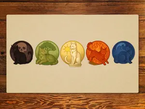 MTG Cat Playmat – Five Mana Cats | Magic the Gathering Playmat | TCG Mat for Commander, EDH, Standard | Fantasy Cat Art Gift