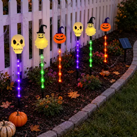 Halloween Decorations 6-Pack Solar Character Mix Stake Lights Set, 8 Lighting Modes, IPX4 Weatherproof, Outdoor Halloween Decor with Glowing Ghost Decor for Lawn, Garden