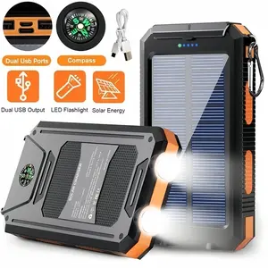 10,000mAh solar power bank—a portable, fast-charging power bank featuring a rugged, durable solar-ready design. Equipped with dual USB ports and an LED flashlight with a built-in compass, it is an ideal choice for camping and outdoor activities.