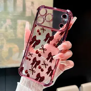 Compatible with Phone Case iPhone 17 Pro Max 16 15 Plus Air 14 13 12 11 X Cherry Bows Pattern Transparent Full Coverage Four Corners Anti-drop Casing