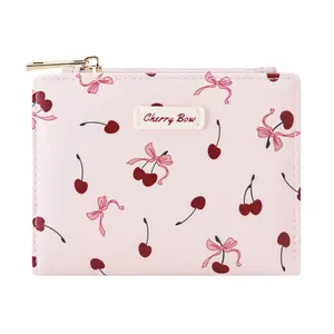 Small Bifold Wallet Cherry Bow Prints Wallet with Zipper Coin Purse Card Holder ID Window for Women Girls