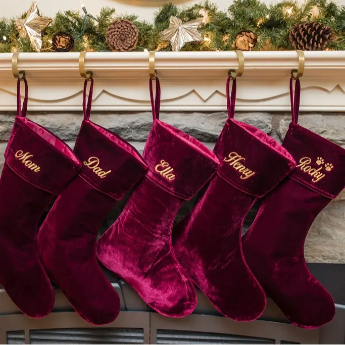 Maroon Velvet Christmas Stockings - Embroidered with Custom Font & Thread Color, Classic & Elegant Design Decor Ornaments