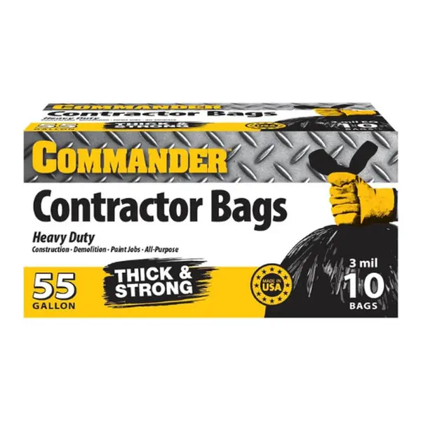 10-Pack Commander Heavy Duty 55-Gallon Contractor Trash Bags, 3 MIL, 36"x56", Flap Ties, Industrial & Outdoor Use
