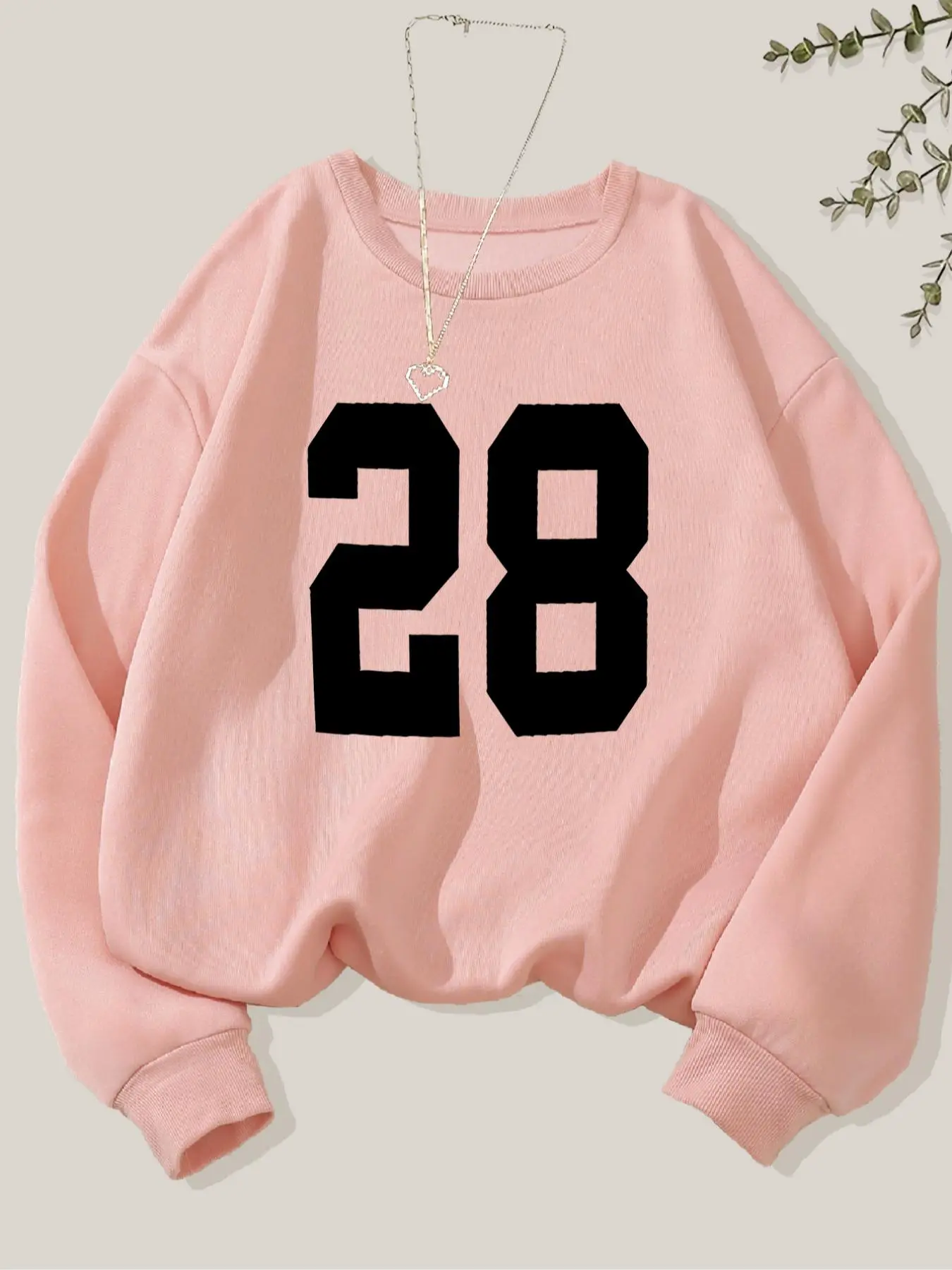 Women's Number Print Drop Shoulder Sweatshirt, Casual Pullover Tops Long Sleeve Round Neck Pullover for Fall & Winter, Ladies Clothes for Daily Wear