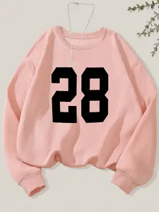 Women's Number Print Drop Shoulder Sweatshirt, Casual Pullover Tops Long Sleeve Round Neck Pullover for Fall & Winter, Ladies Clothes for Daily Wear